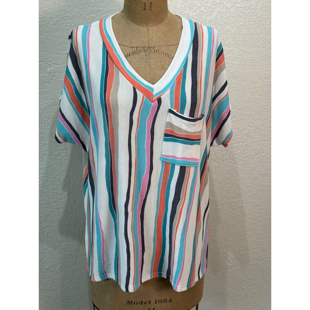 Now N Forever Womens V-Neck Striped Short‎ Sleeve Pocket Tee Shirt Multicolor L